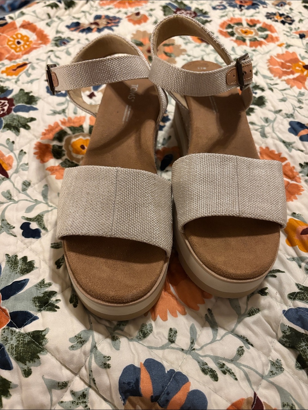 TOMS Beige Canvas Wedge Sandals with Ankle Strap -Natural